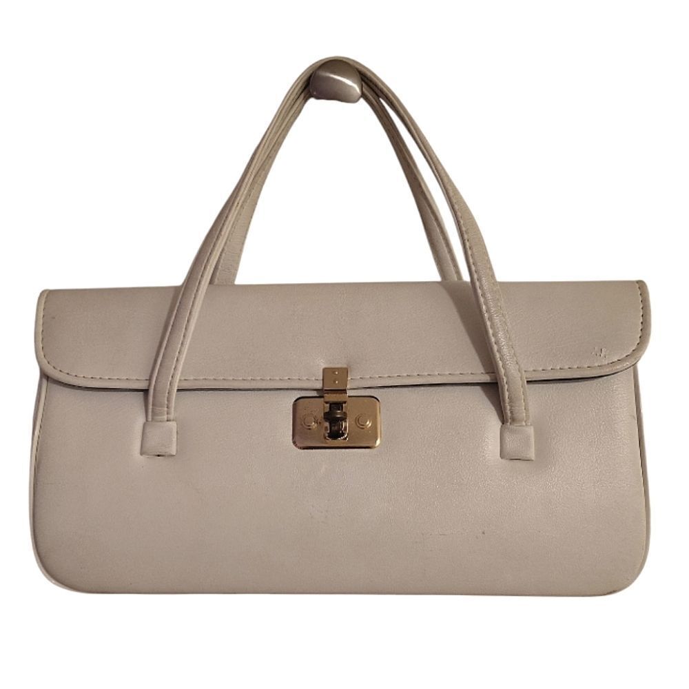 VTG 50s‎ 60s Ivory Leather Gold Turn Lock Rectangular Hand Bag Purse